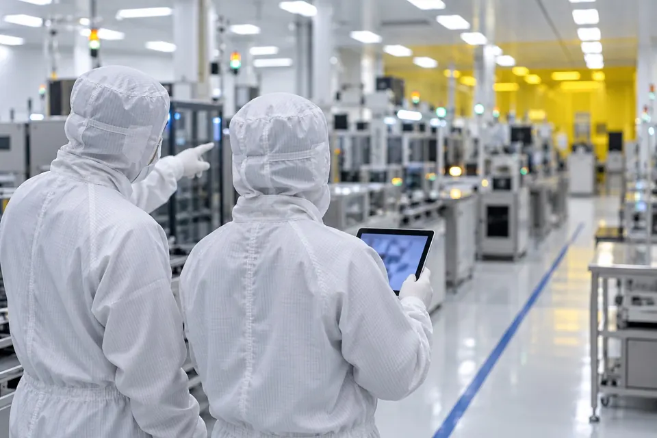 Two engineers in cleanroom gowns reviewing a production line