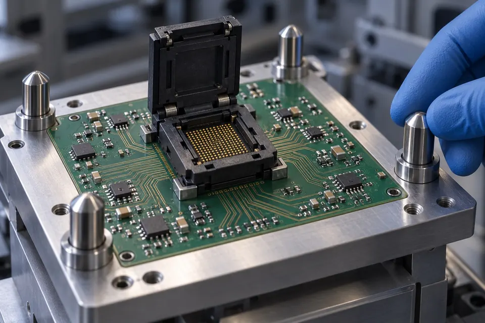 Test socket on a load board, mounted on a docking plate