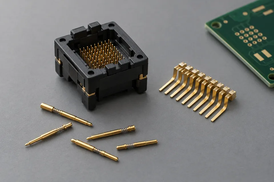 Open-top test socket, a row of gold contact fingers and spring pogo pins on an anti-static mat